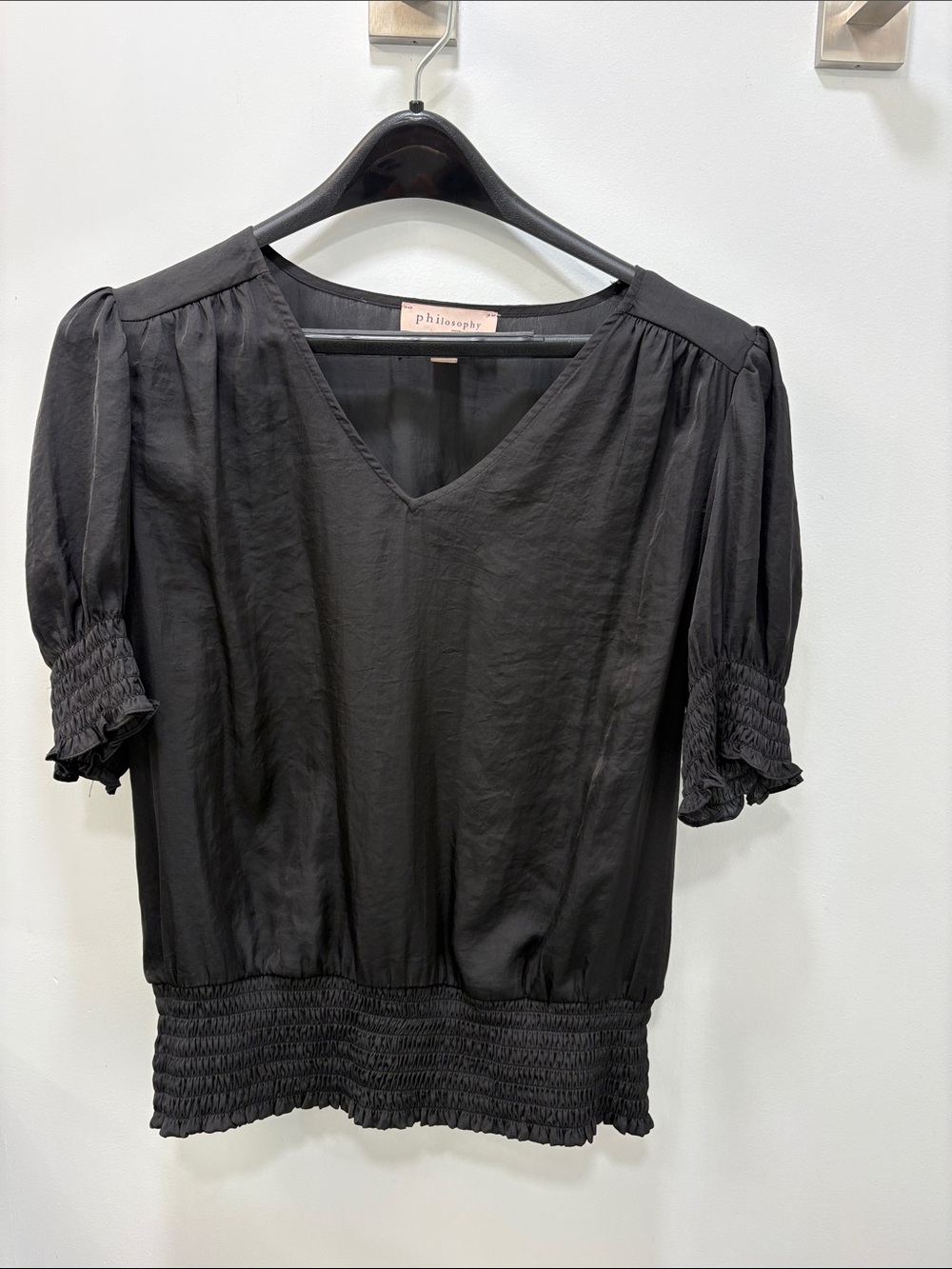 Philosophy Black V-Neck Puff Sleeve Smocked Hem Top